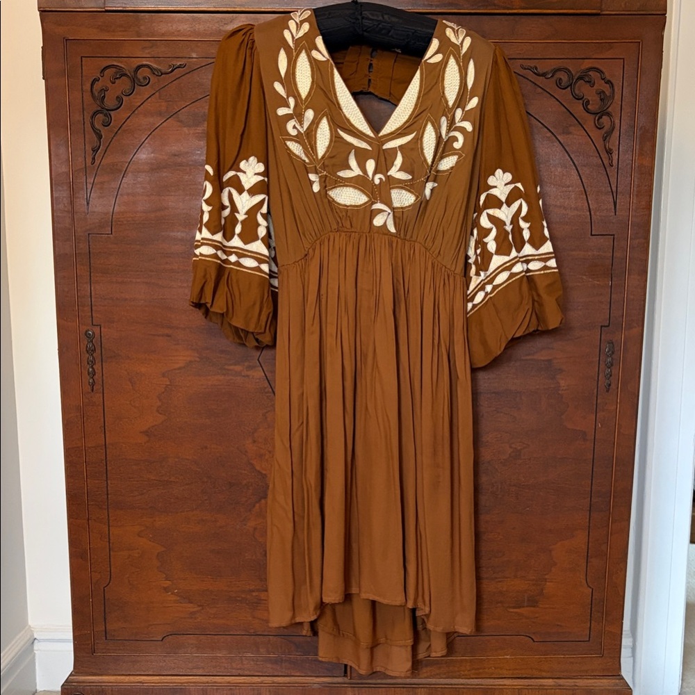 Brown High-Low Embroidered V-Neck Dress